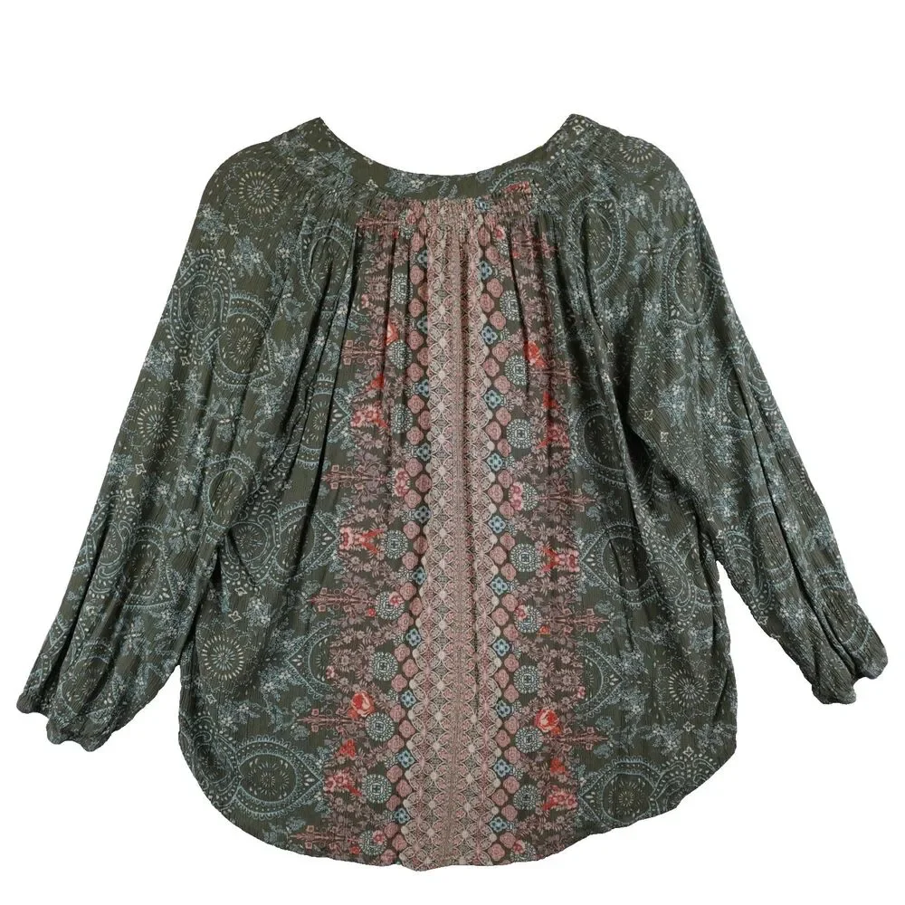 Mason & Belle Blouse Women's Large Green Pink Floral Tasseled Boho Peasant Hippy - Picture 2 of 9